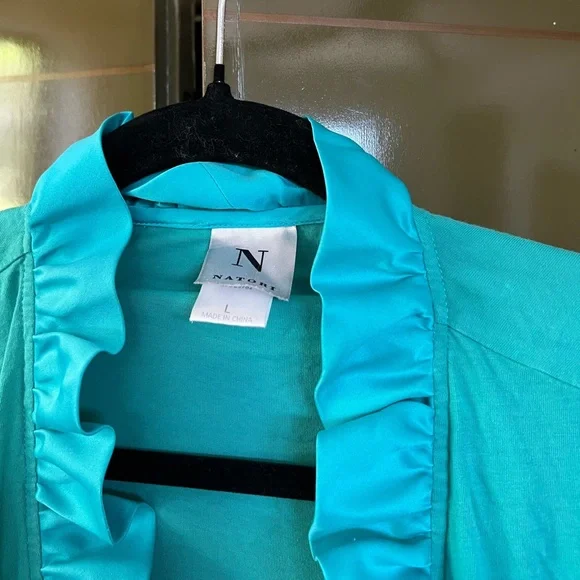 Silky Ruffle Trim Robe/Cardigan – Bright Turquoise, Size Large - Picture 2 of 3